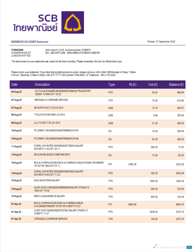 Download Siam Commercial Bank enterprise account statement Word and PDF template Photoshop template